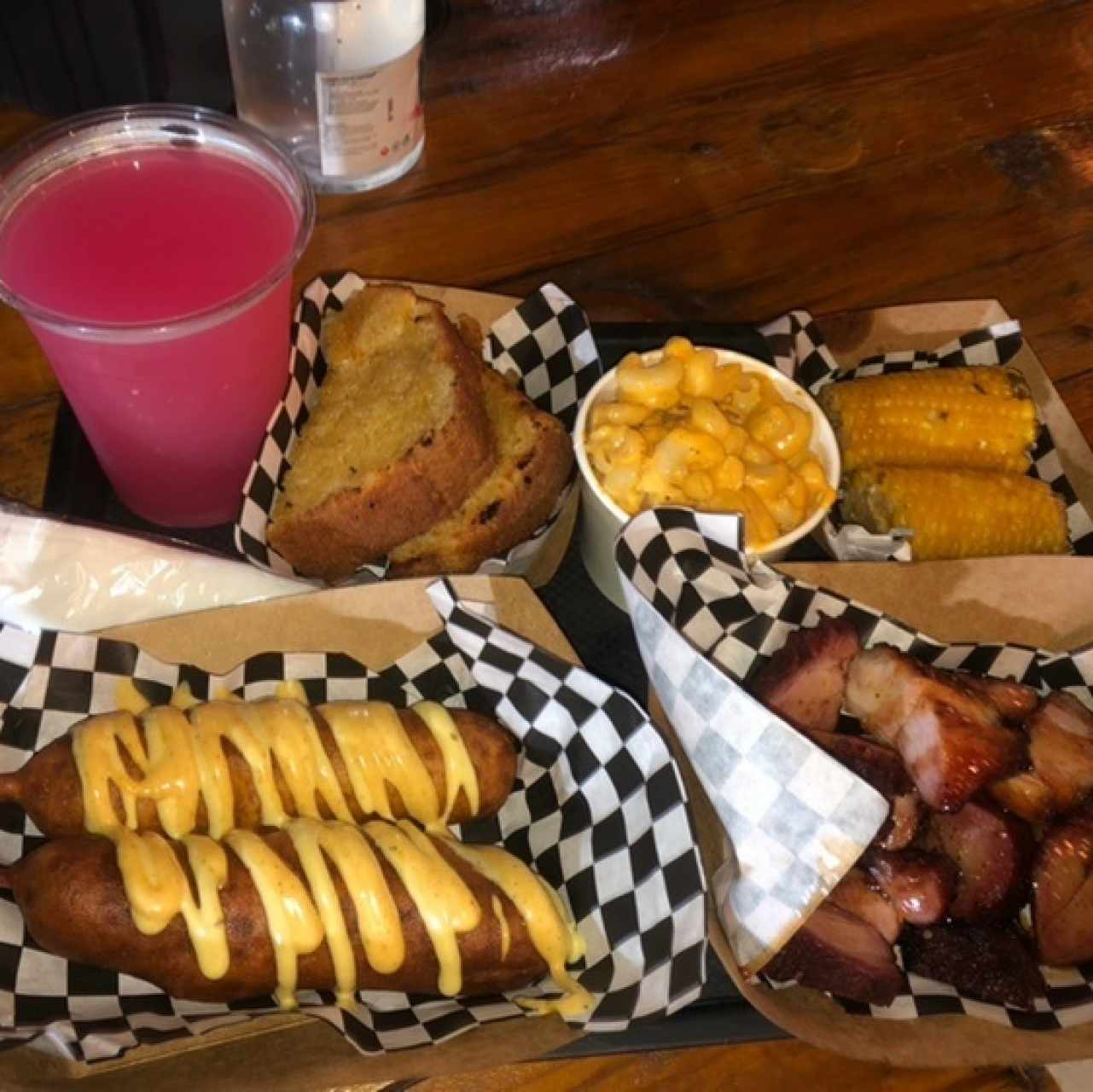 corn dog, mc and cheese. smoky pork