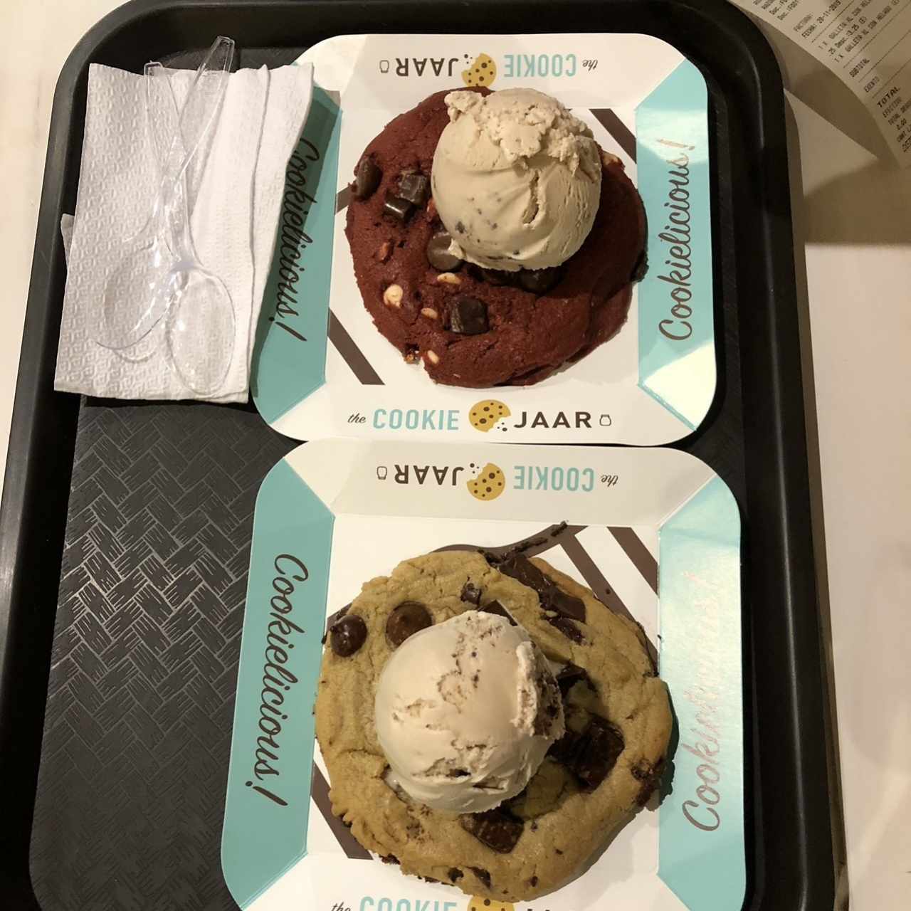 Red velvet and chocolate chip cookies with ice cream