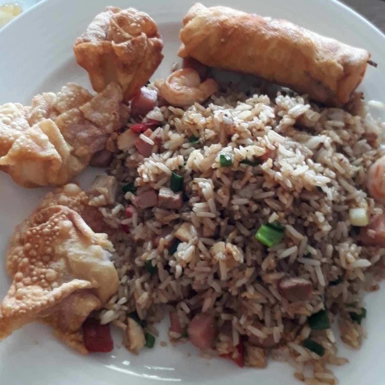 Arroz Frito - Tradicional Estilo Cantonés Wonton camarones Lumpia