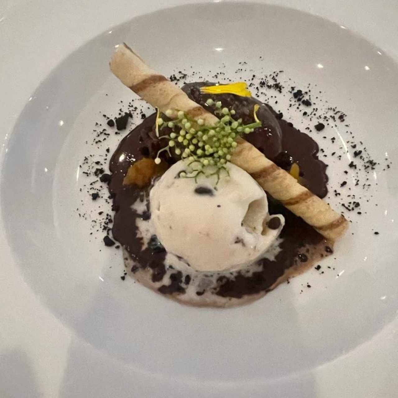 MOUSSE DE CHOCOLATE CON HELADO DE MENTA Y CHISPAS DE CHOCOLATE CROCANTE