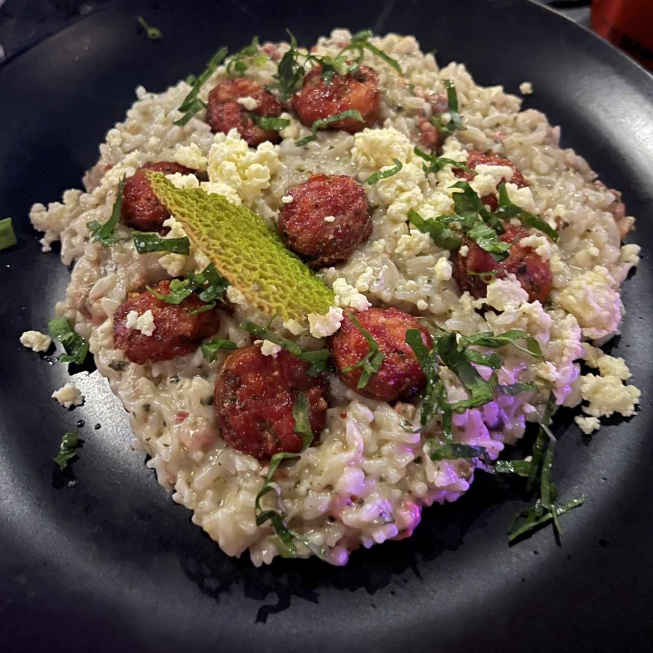 Rissotto de culantro con chorizo y queso blanco