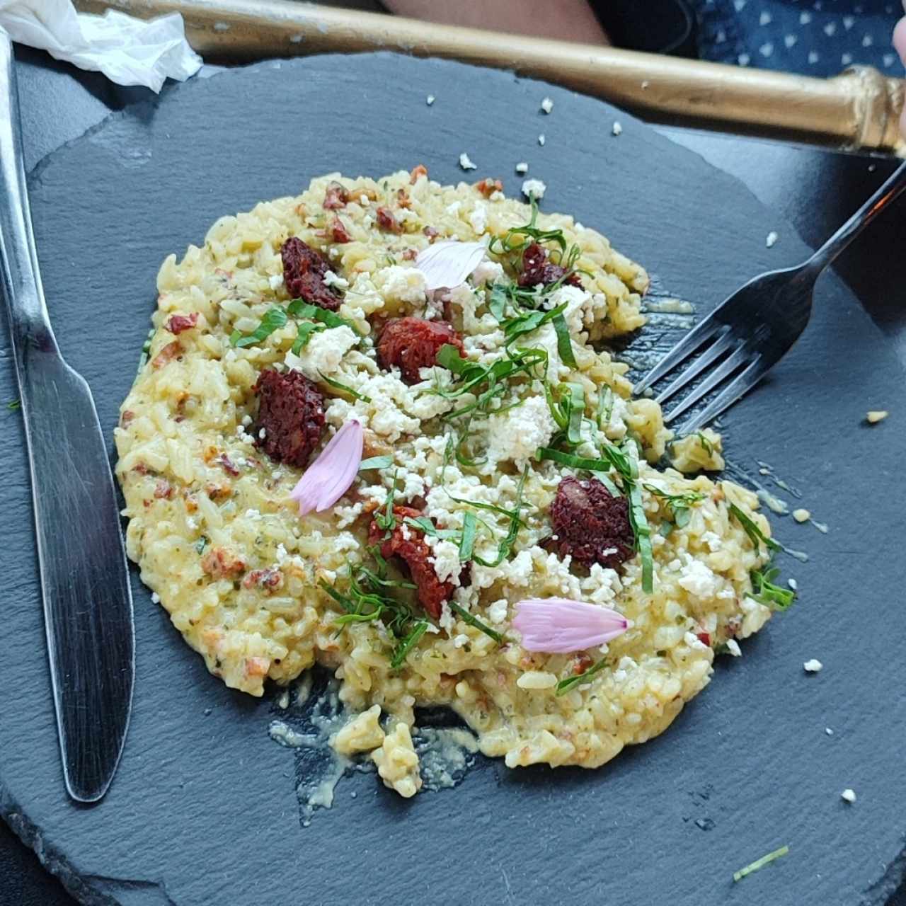 Risotto de culantro con chorizo tableño y queso nacional