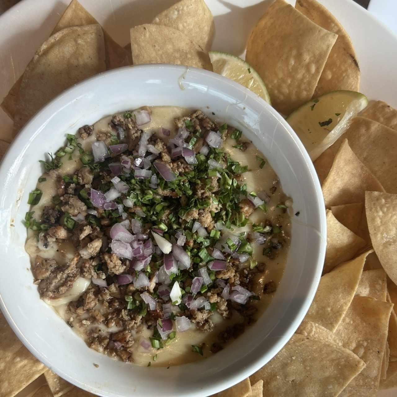 Queso fundido con pollo y totopos