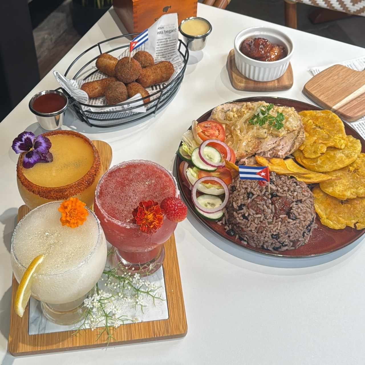 Congri con lechon y patacones, Sampler de Croquetas y Margarita Flight