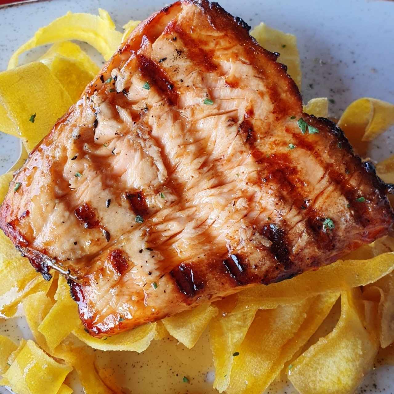 Salmon Fillet in Citrus Sauce with Fried Plantain Chips