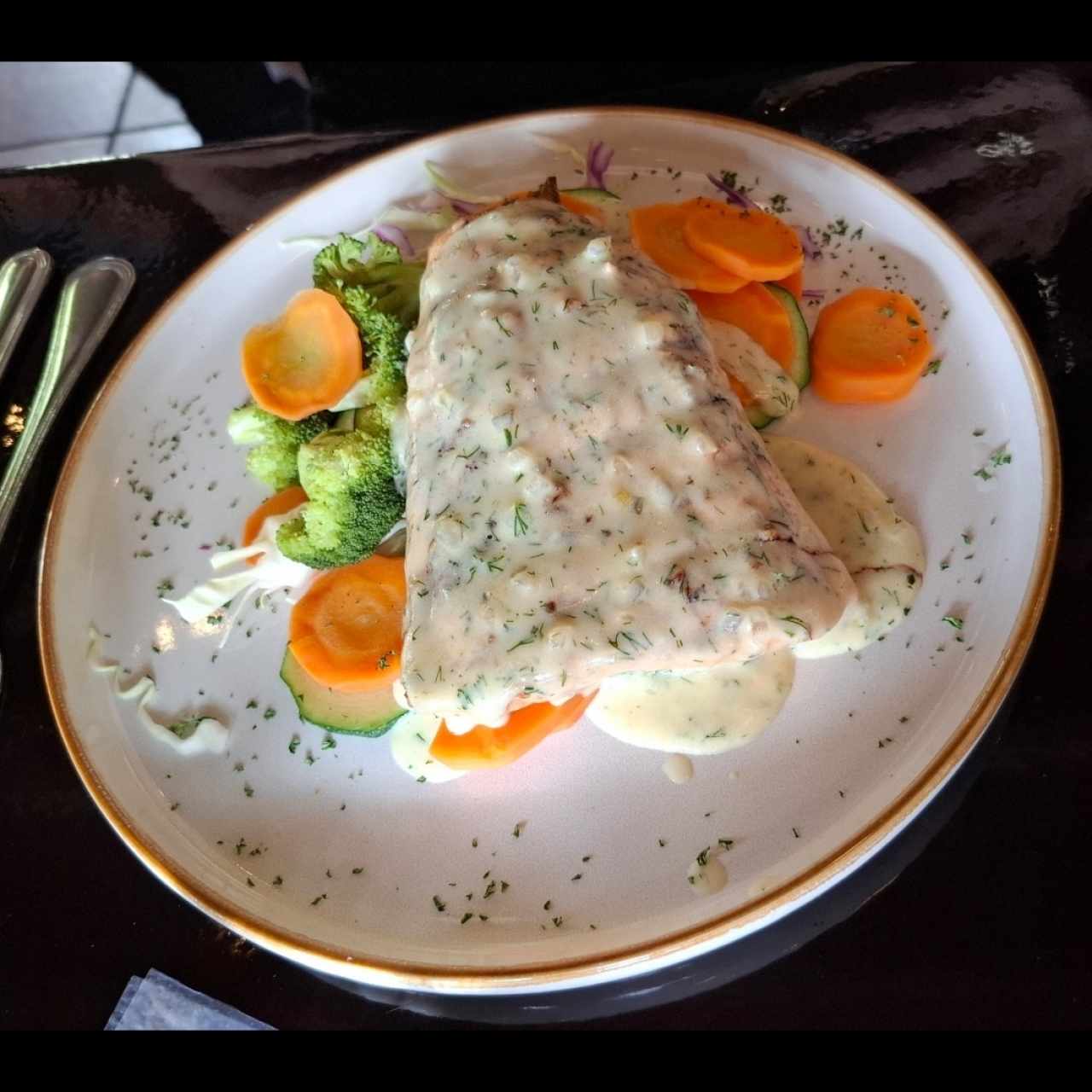 Salmon Fillet in Citrus Sauce with Fried Plantain Chips