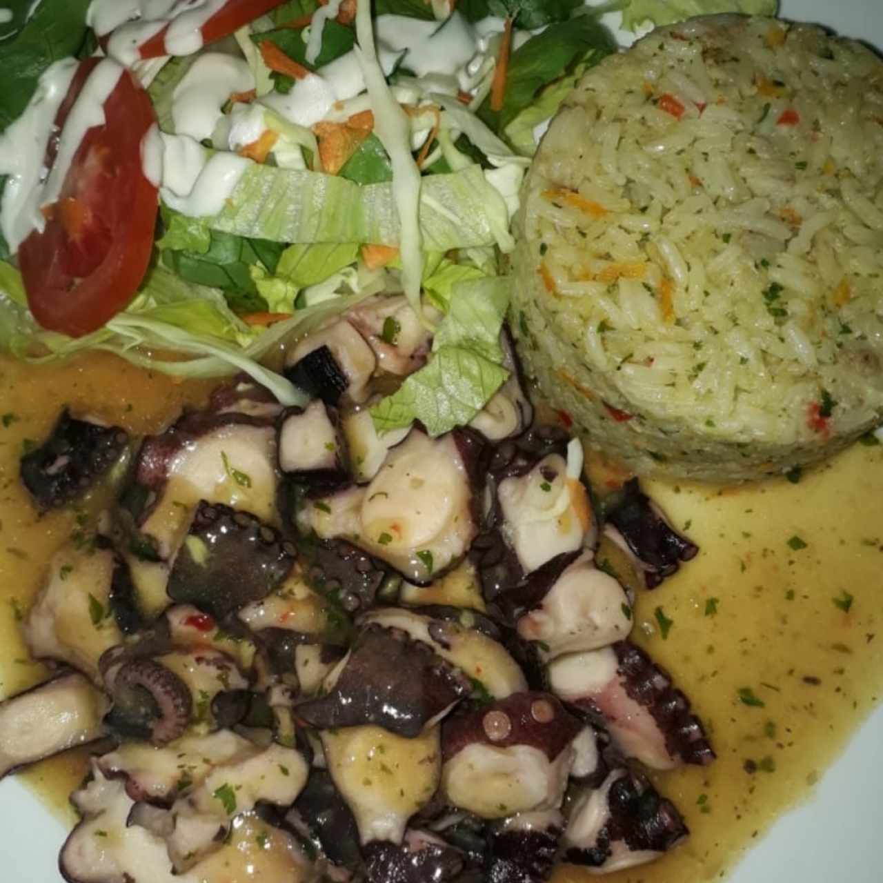 Pulpo al ajillo con arroz pencas y ensalada.