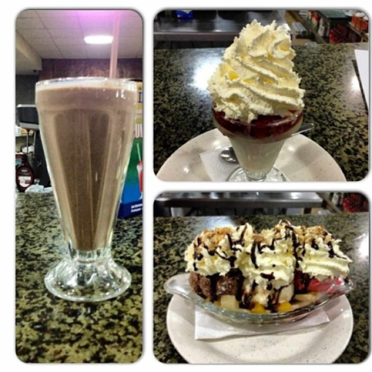 Malteada de Chocolate , Sundae de Fresa y Banana Split! 