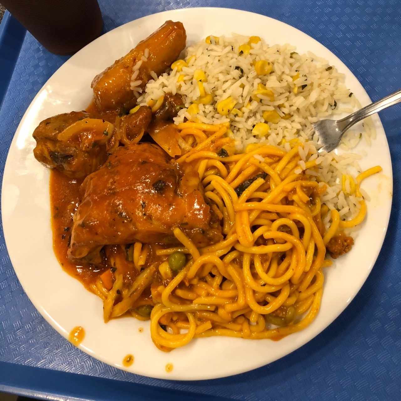 Pollo Guisado con Fideos y Arroz