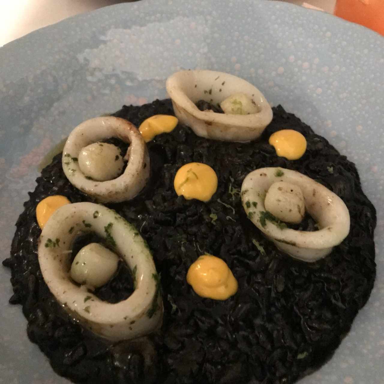 calamares rellenos y arroz negro 