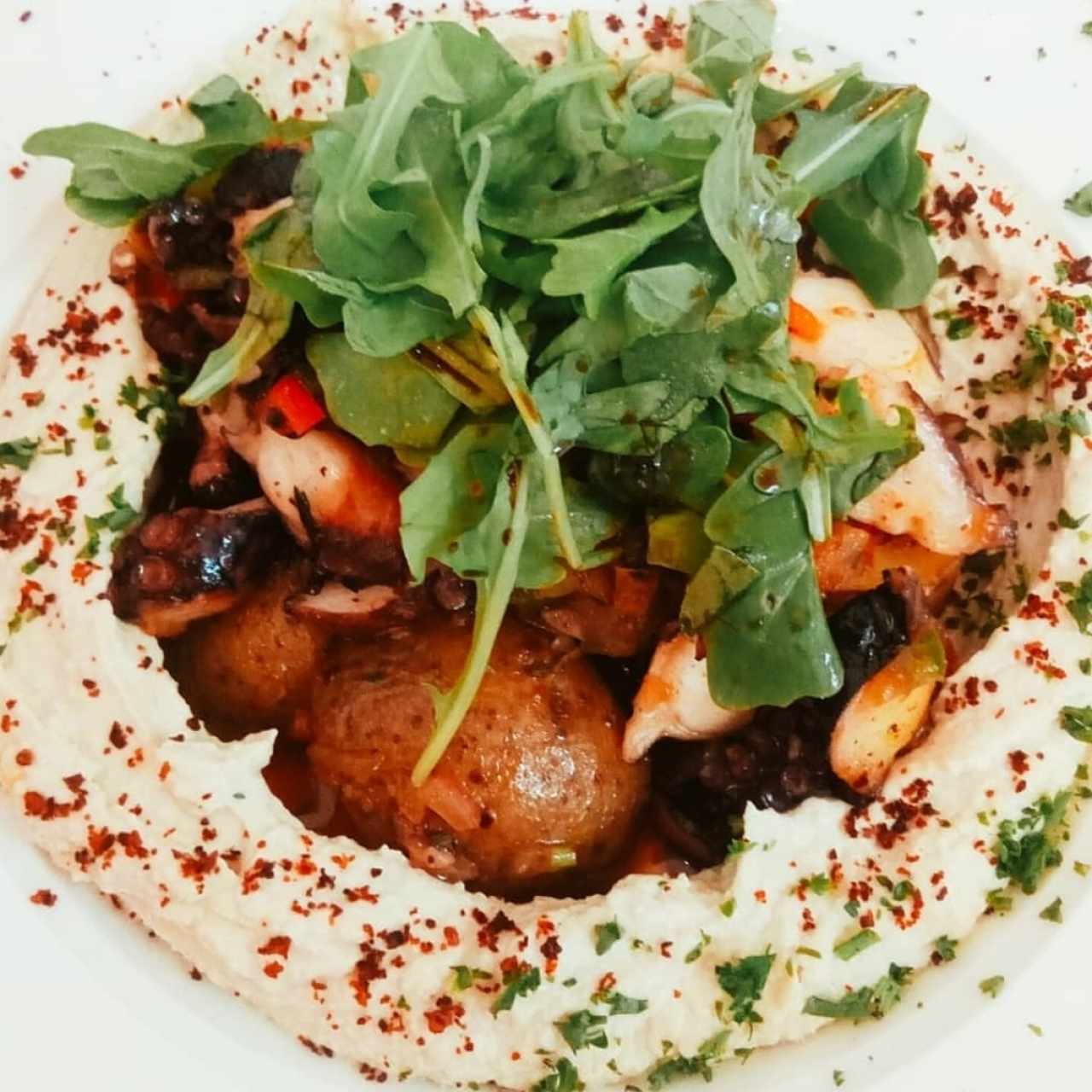 Pulpo con hummus de garbanzos