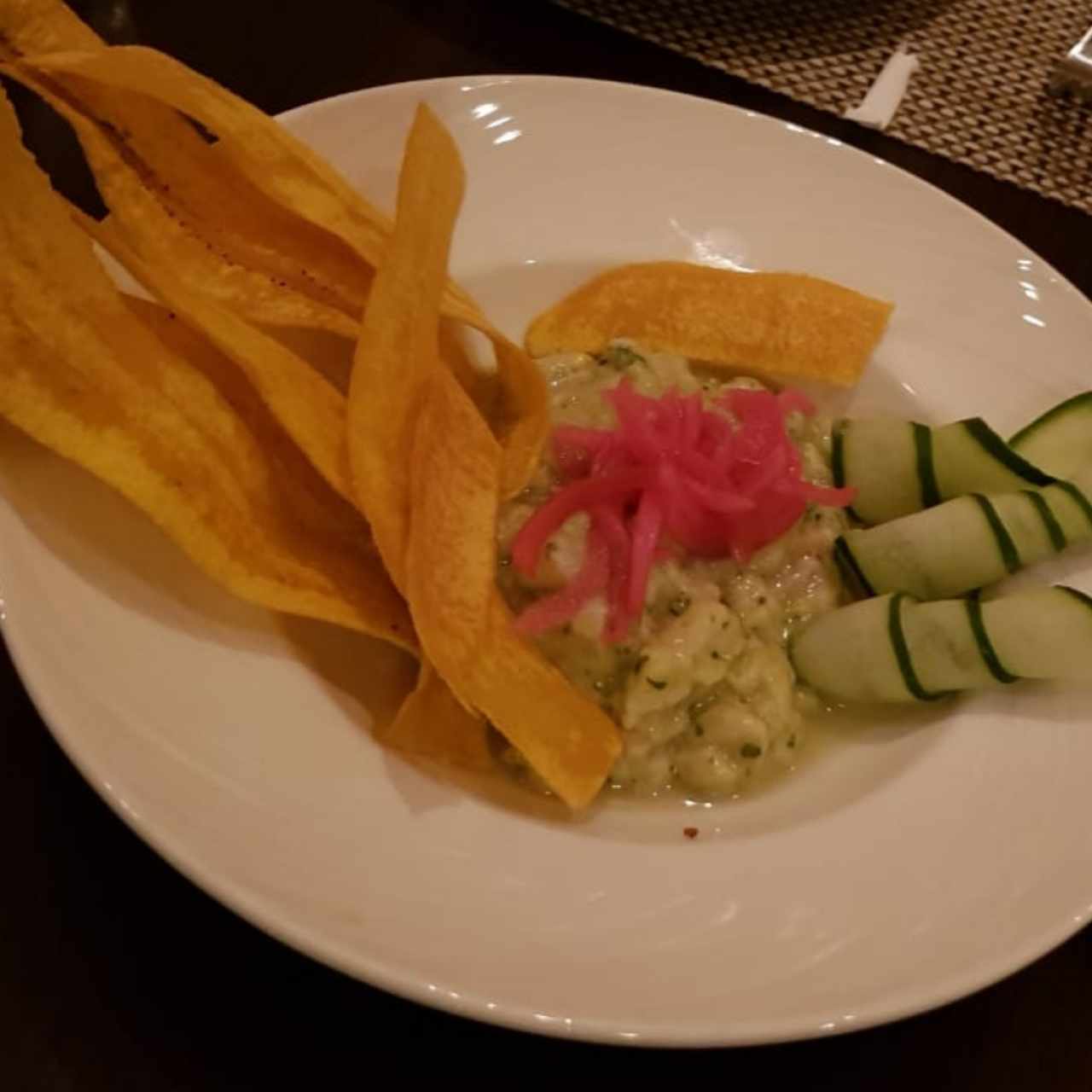 Ceviche Verde de Corvina Leche de Tigre, Aguacate, Pepino, Cebolla Morada y Cilantro