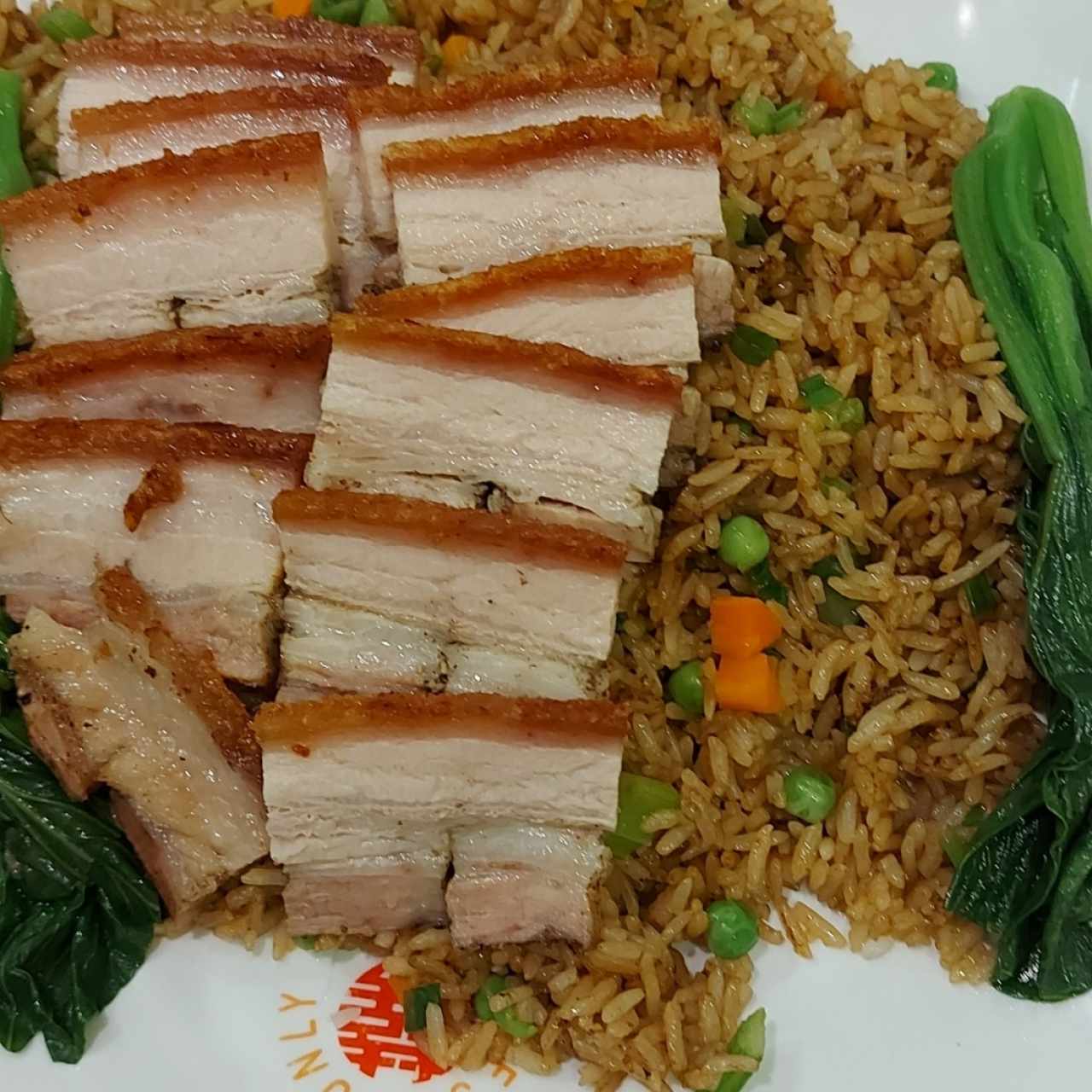 Lechon Asado, arroz frito, vegetales incluye soda y té 