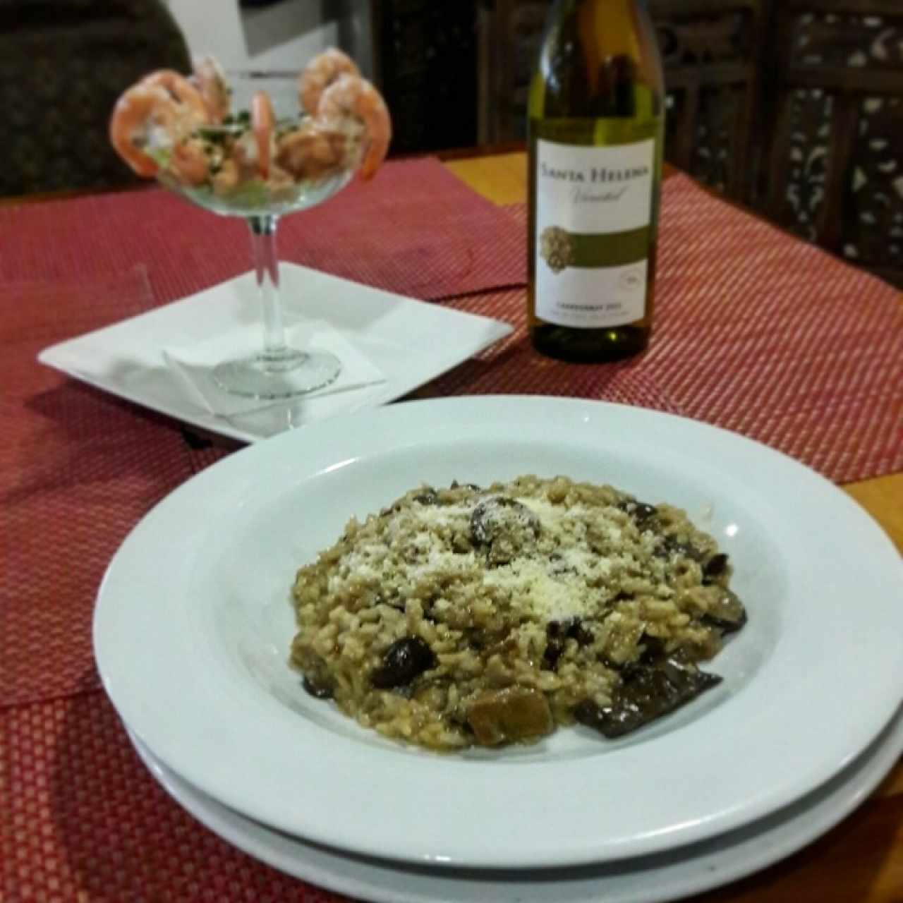 Risotto ai Funghi y Coctel de camarones