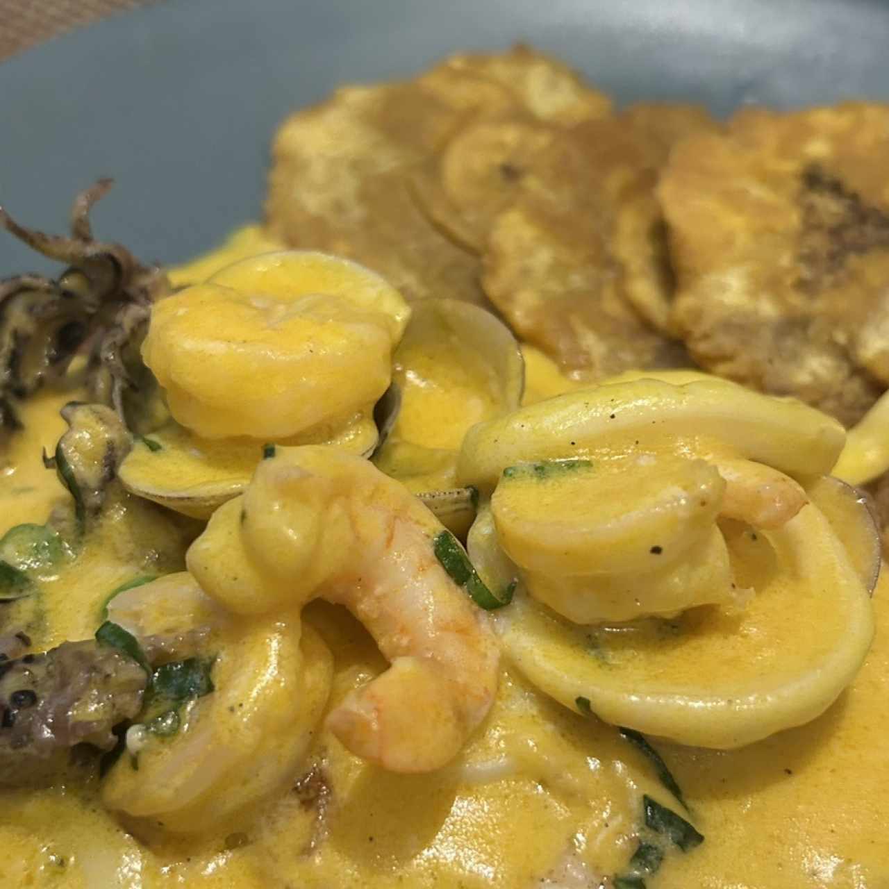 Corvina com mariscos en salsa ade ajies